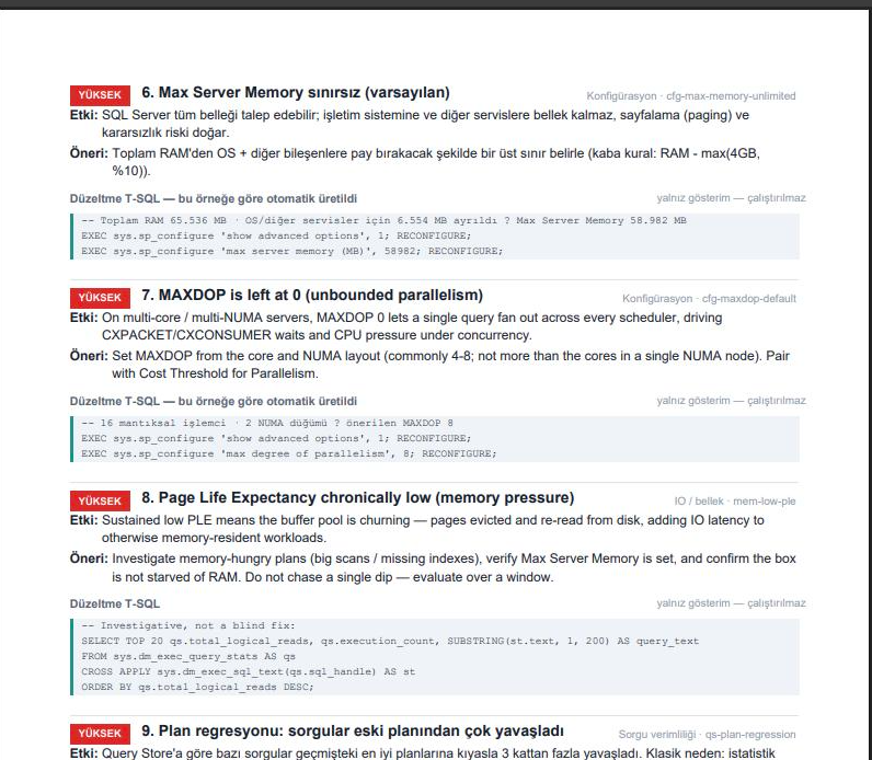 Örnek PDF rapor bulgu sayfası — her bulgunun etkisi, önerisi ve otomatik üretilmiş düzeltme T-SQL betiği